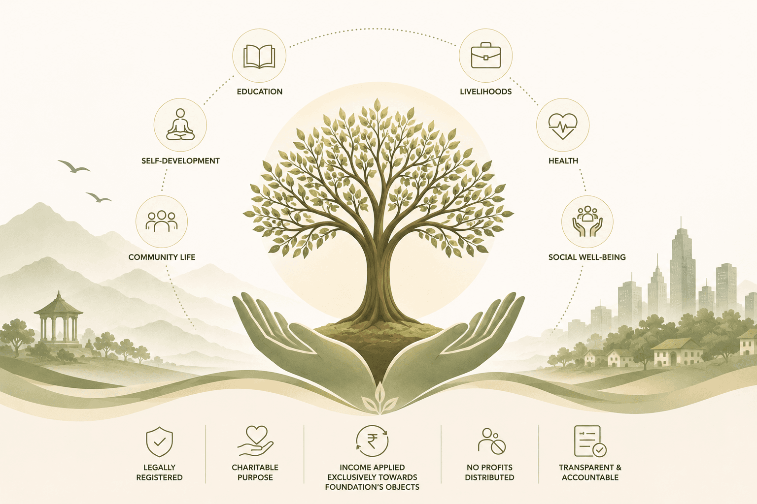 An infographic illustration showing the foundation's purpose, focus areas, and legal commitments.