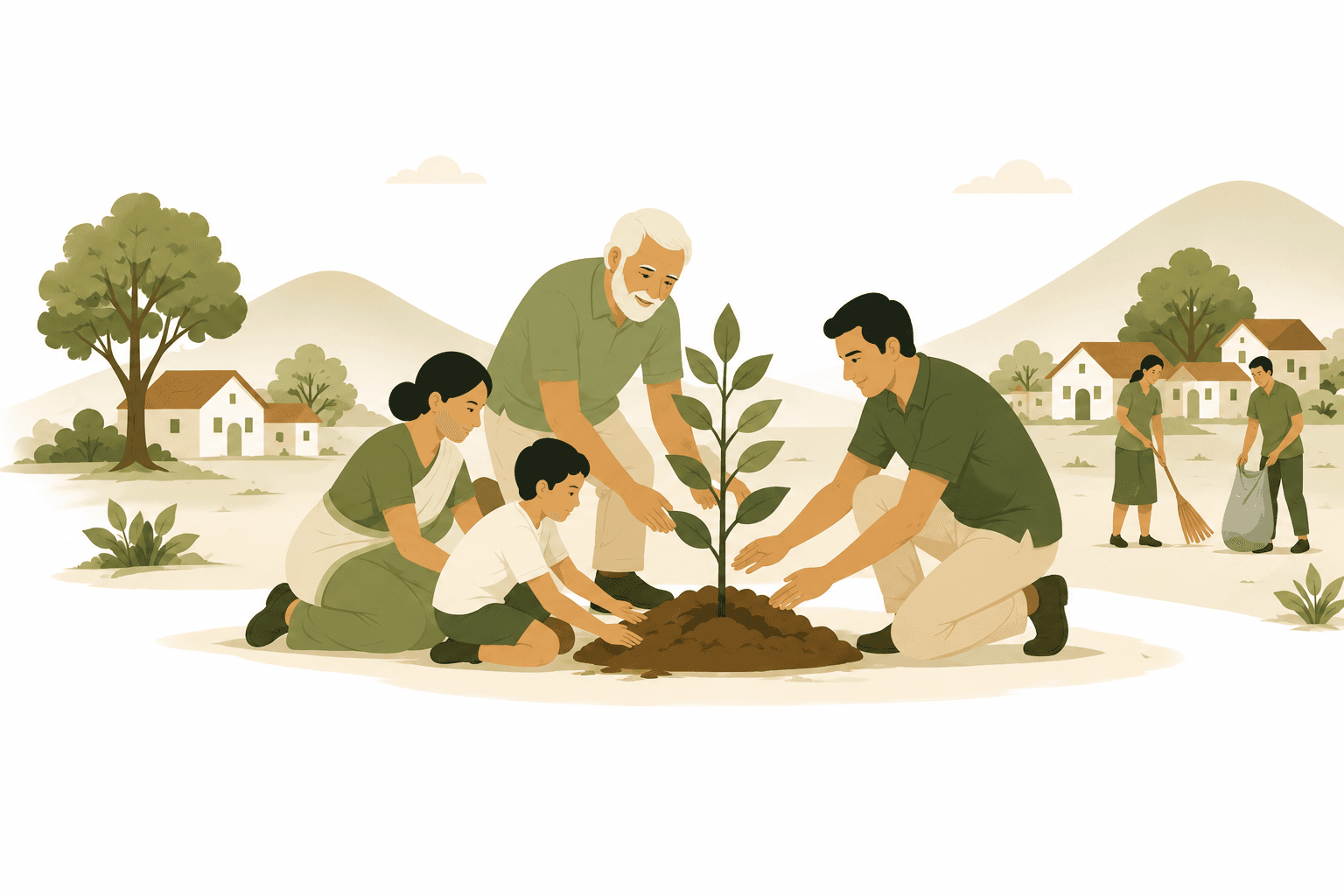 An illustration of community members planting a tree together.